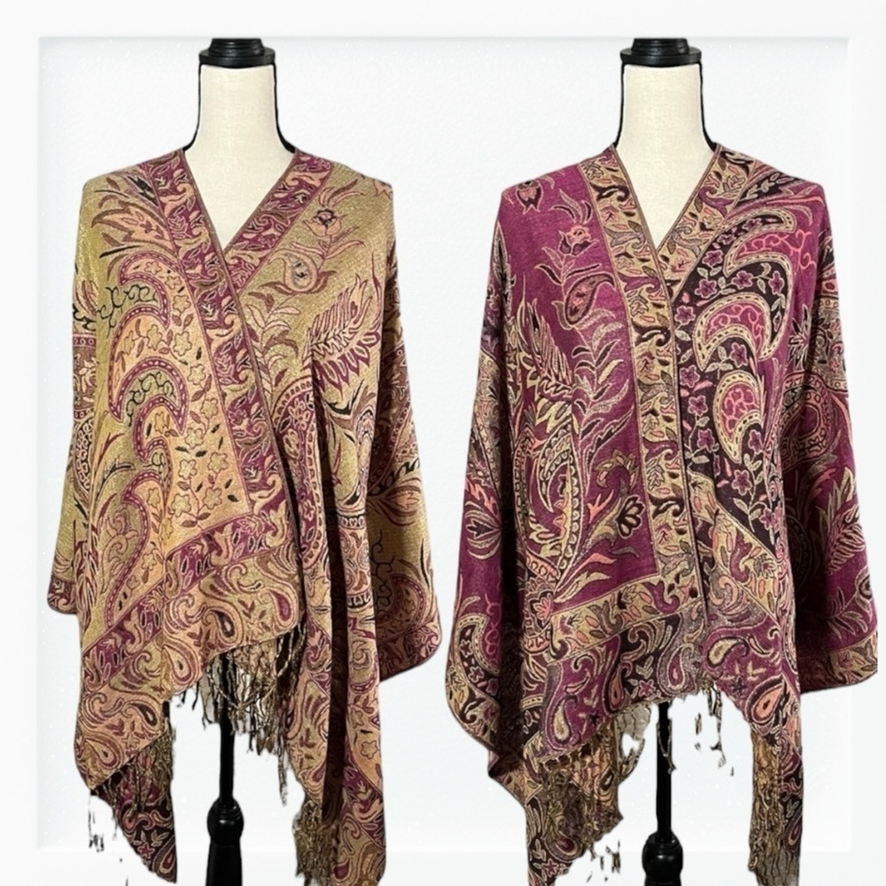 Paisley Print Metallic Gold and Magenta Tasseled Shawl